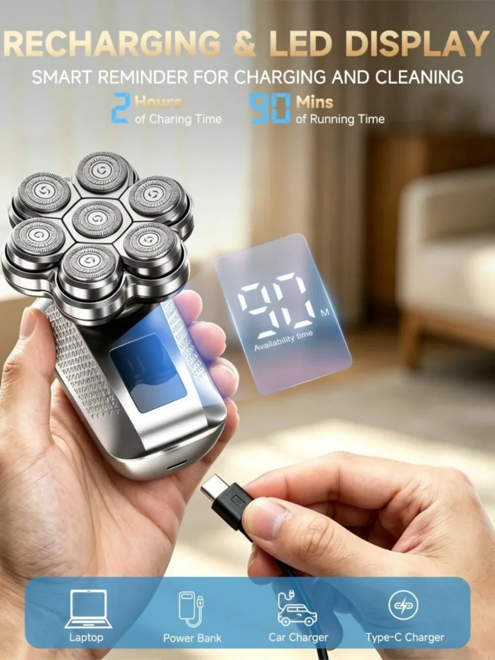 7D Floating Head Bald Shaver & 5-in-1 Grooming Kit, Waterproof, Travel-Ready